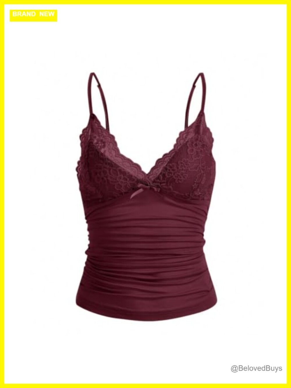 Lace Trim Cami Top Spaghetti Strap Ruched Bow Patchwork V Neck Slim Fit